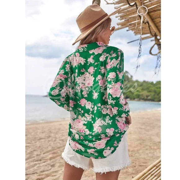 Green Button Down Shirt Long Sleeve Rose Floral Print Pink - Picture 4 of 11